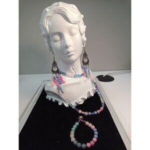 Handmade Pink Blue Gold Boho Glass Beaded Jewelry Set